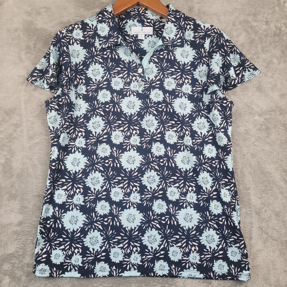 Sport Haley Women’s Golf Polo Shirt Sz L Blue Floral Stretch Short Sleeve
